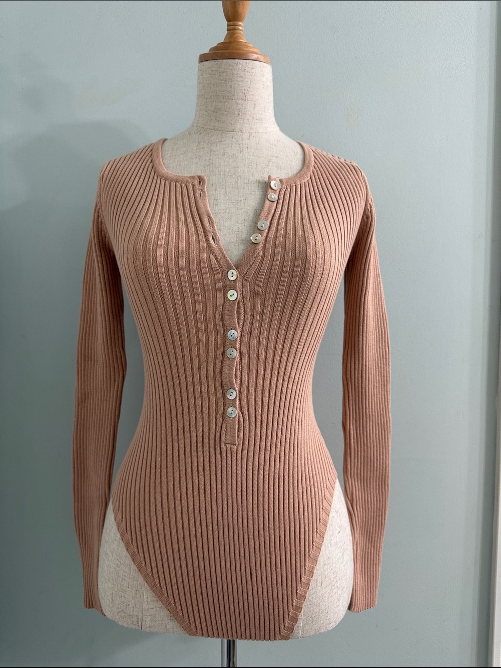 Revolve Majorelle Nude Beige Ribbed Henley Bodysuit XS
